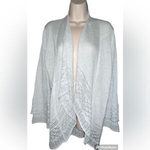 Loft Womens Open Front Cardigan Sweater Gray Shawl Collar Crochet Knit Boho XL